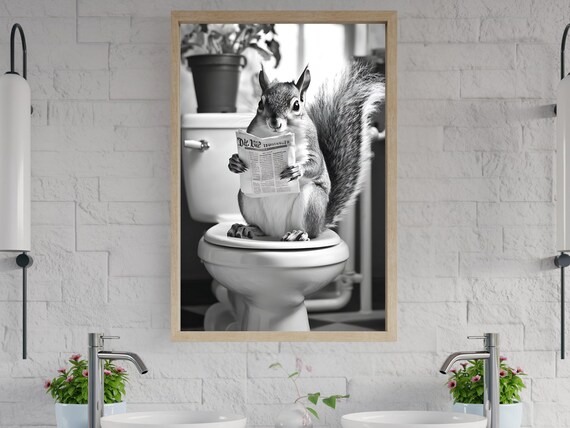 Squirrel Reading Newspaper On Toilet Black And White Animal Poster