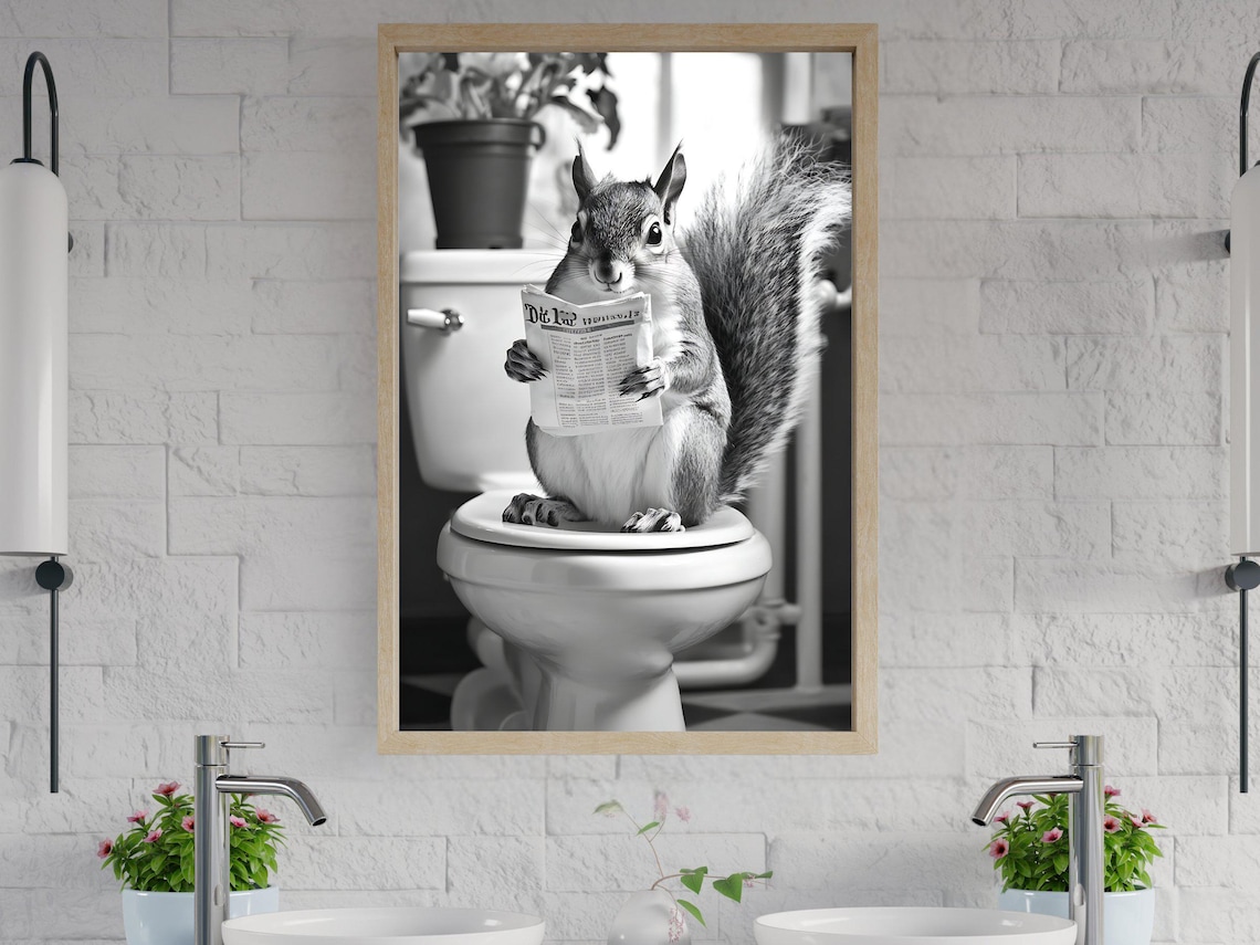 Squirrel Reading Newspaper On Toilet Black And White Animal Poster