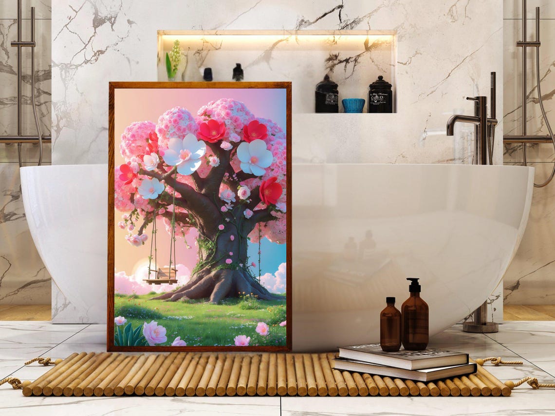 Blossoming Cherry Tree With A Wooden Swing Over A Sunny Meadow Poster - Image 5