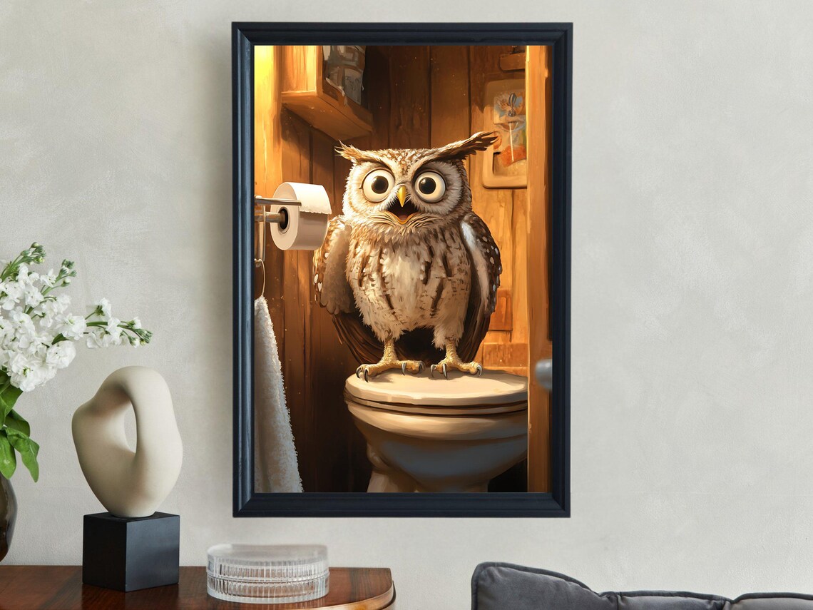 Funny Cartoon Owl Sitting on a Toilet Lid Bathroom Humor Poster - Image 2