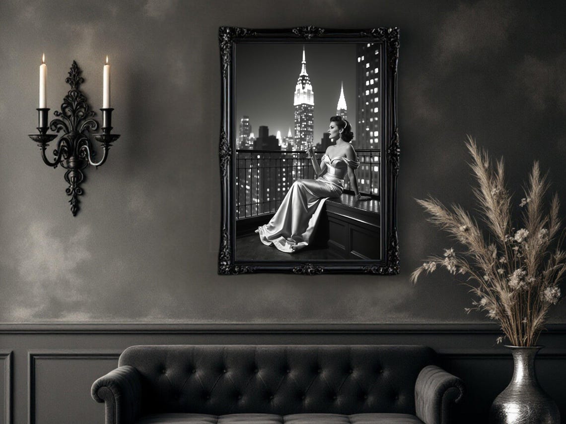 Woman in Satin Gown on New York Terrace at Night, B&W Poster - Image 4