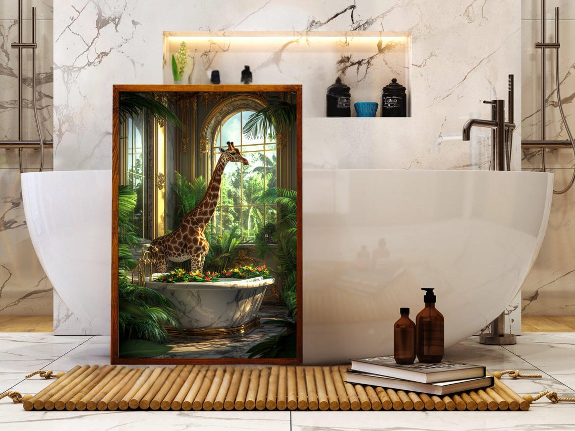 Giraffe Bathing in a Marble Tub Tropical Conservatory Night Poster - Image 5