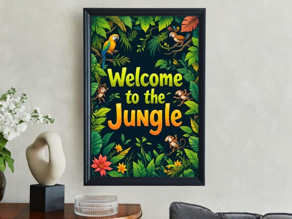 Welcome to the Jungle Tropical Parrot Monkey Nursery Kids Room Decor Poster