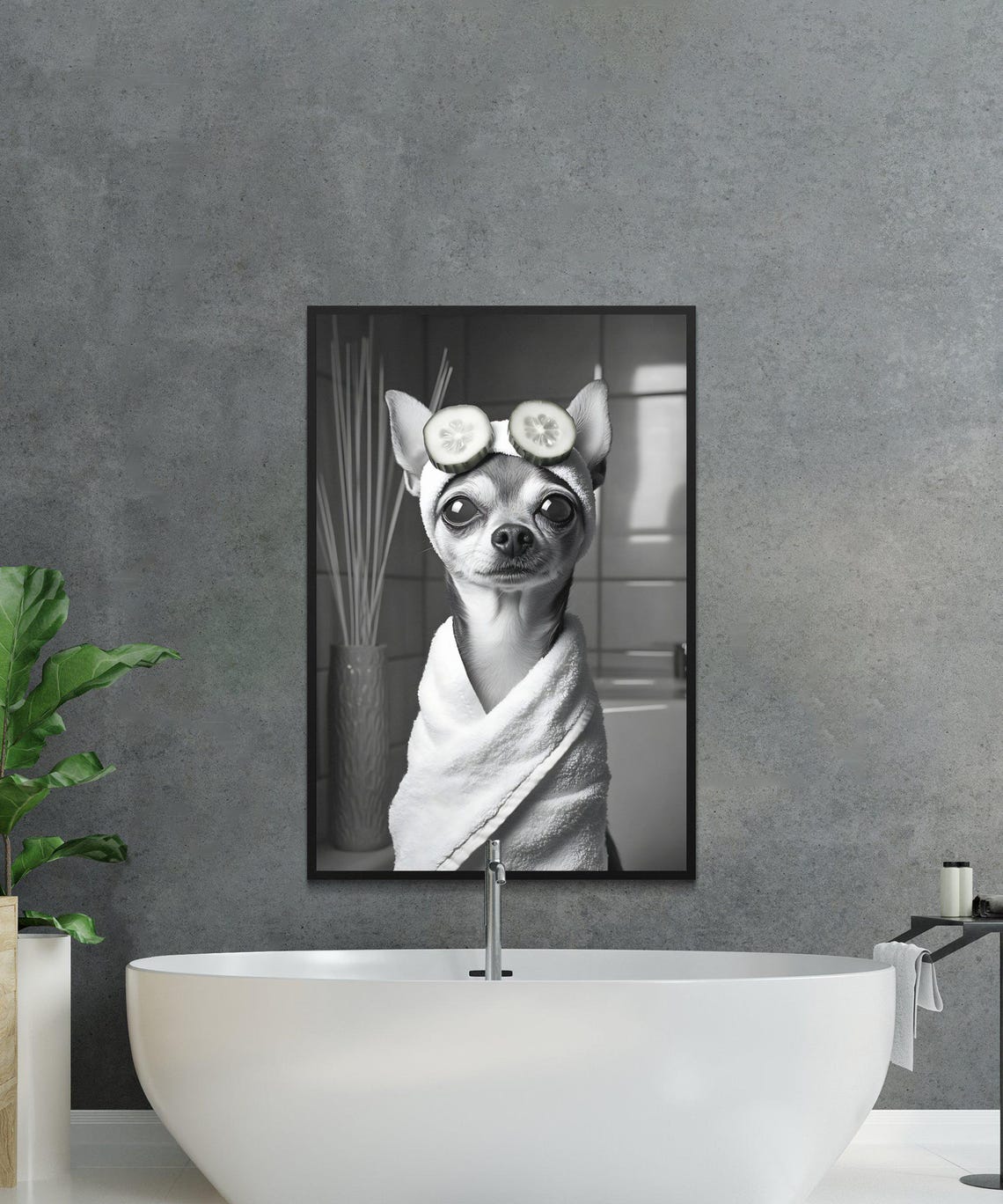 Chihuahua Wrapped in a Towel With Cucumber Slices on Its Head Poster - Image 2
