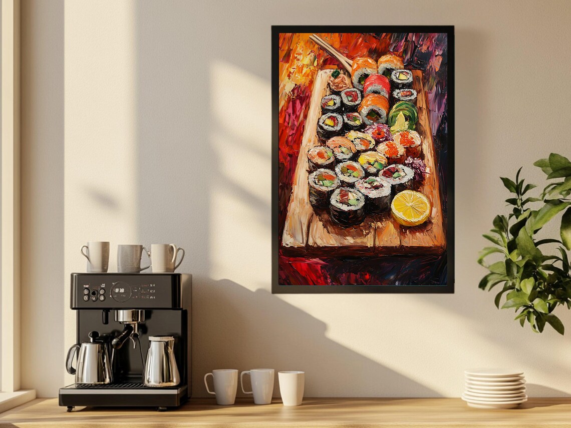 Colorful Sushi Platter Oil Painting on a Wooden Board Poster - Image 2