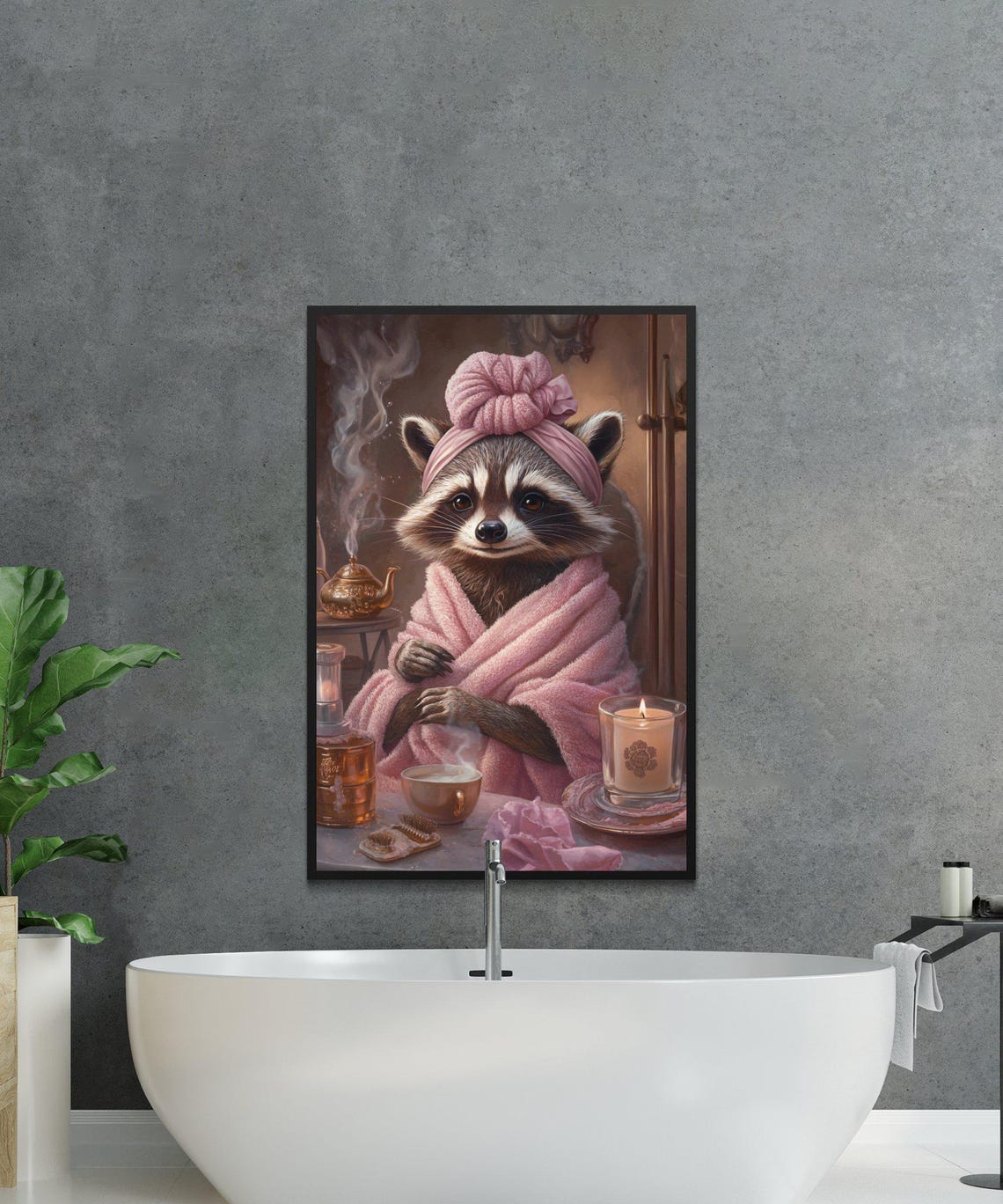 Cozy Raccoon in a Pink Robe Enjoying Tea and Candles at a Spa Poster - Image 2