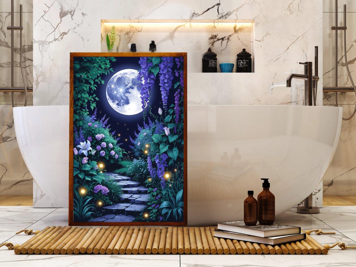 Moonlit Enchanted Garden Path Full Moon Fireflies Night Wall Art - Image 5