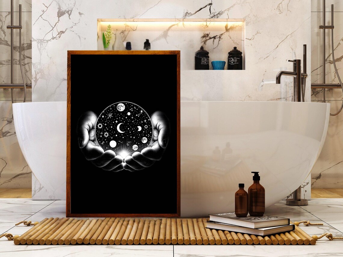 Hands Cupping a Glowing Cosmic Orb of Moons and Stars Monochrome Poster - Image 4