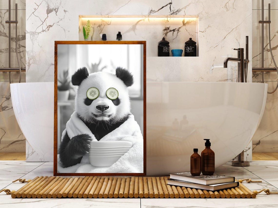 Spa Day Panda With Cucumber Slices Holding a Stack of Bowls Poster - Image 5