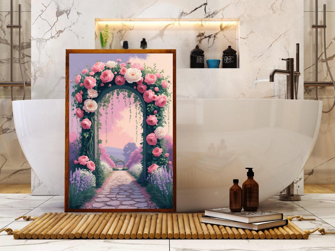 Pink Rose Covered Archway Over Romantic Stone Garden Path Poster - Image 5