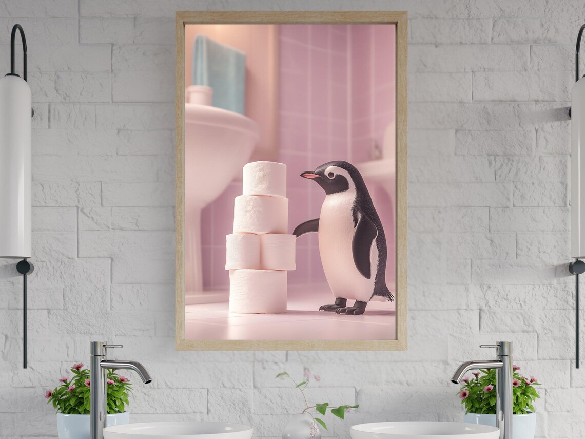 Playful Penguin Beside a Tall Tower of Toilet Paper Rolls Poster