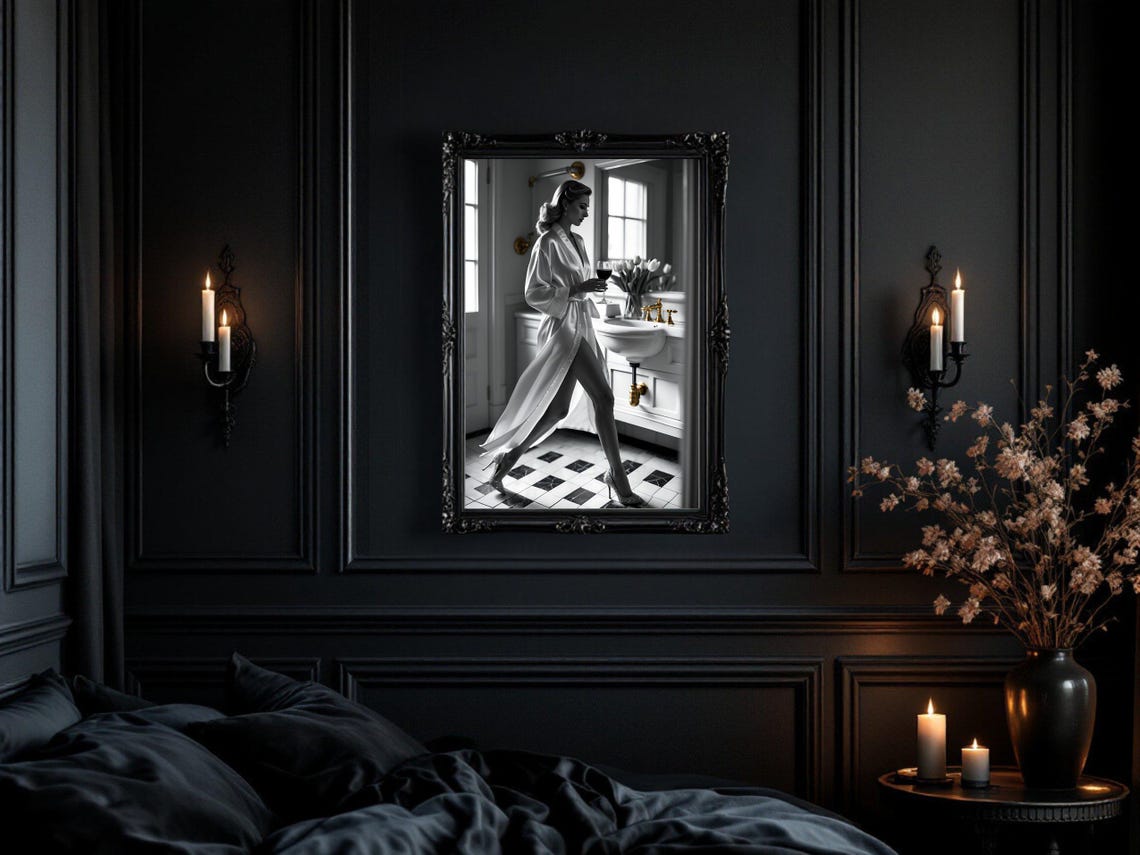 Woman in Silk Robe with Wine Glass in Vintage Bathroom Poster - Image 3
