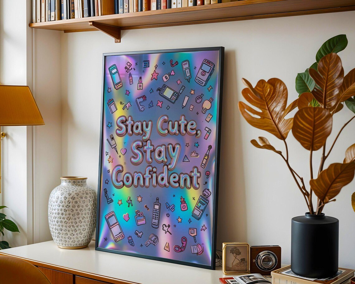 Stay Cute Stay Confident Holographic Retro Gadget Doodle Quote Poster - Image 3