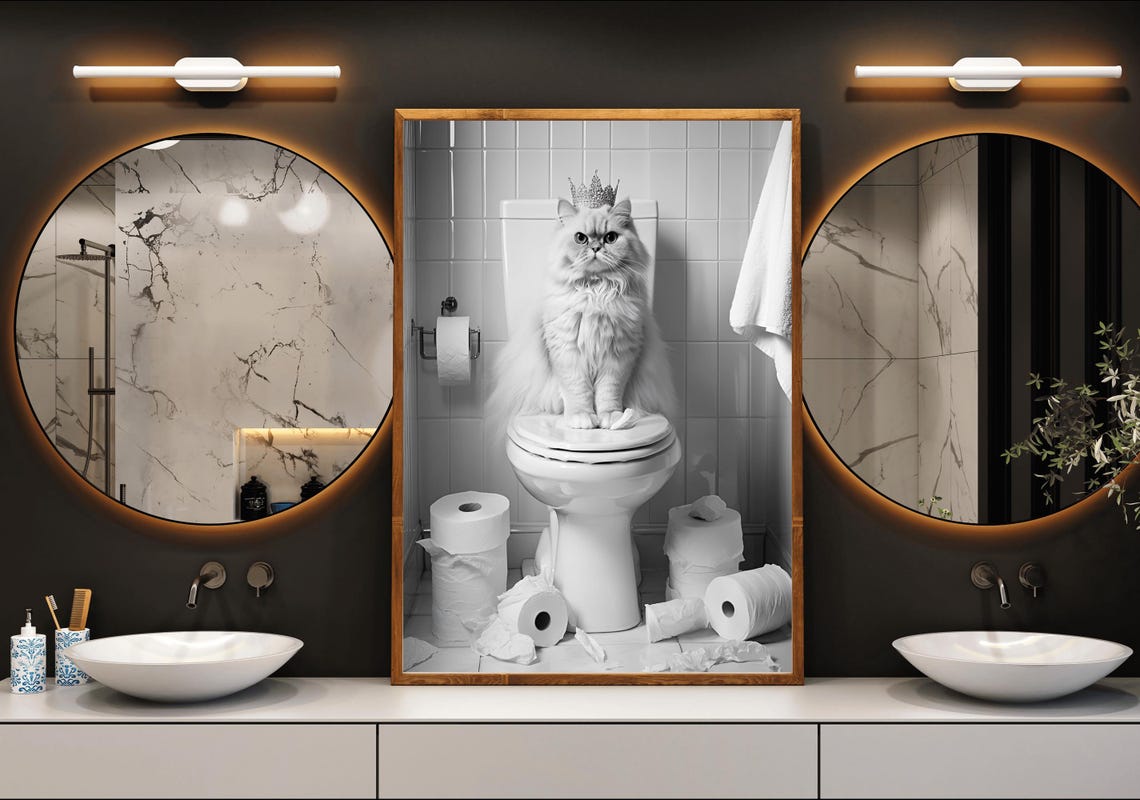 Fluffy White Persian Cat Wearing A Crown Sitting On A Toilet Poster - Image 3