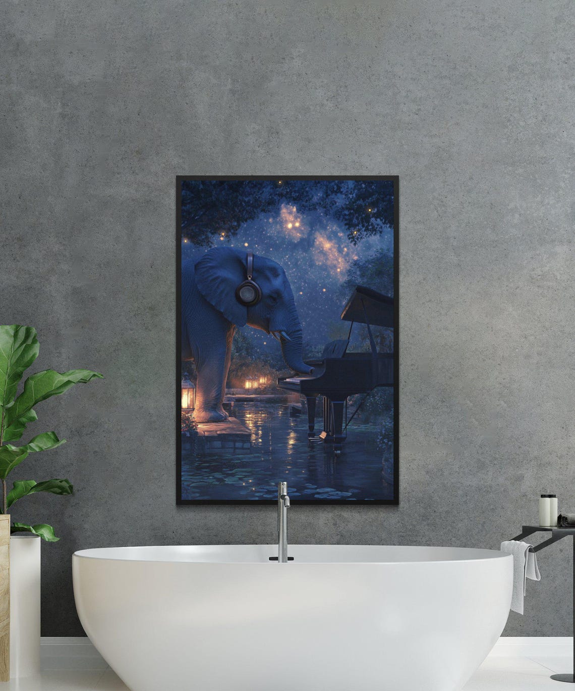 Elephant In Headphones Playing Piano Under A Starry Night Sky Poster - Image 3