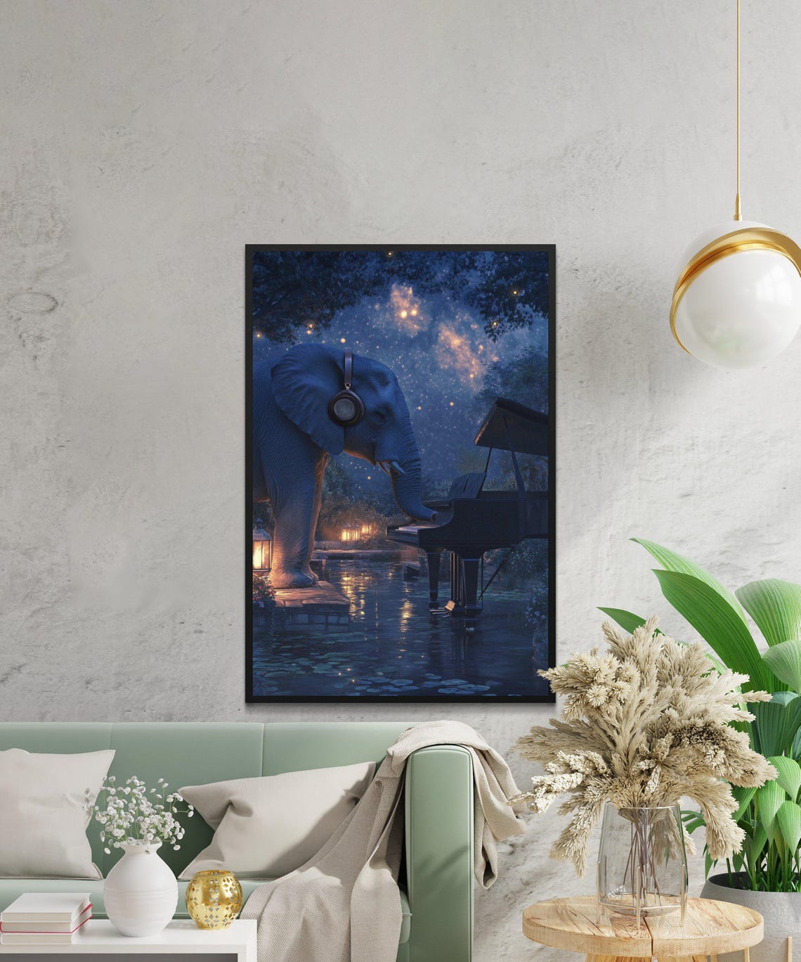 Elephant In Headphones Playing Piano Under A Starry Night Sky Poster - Image 2