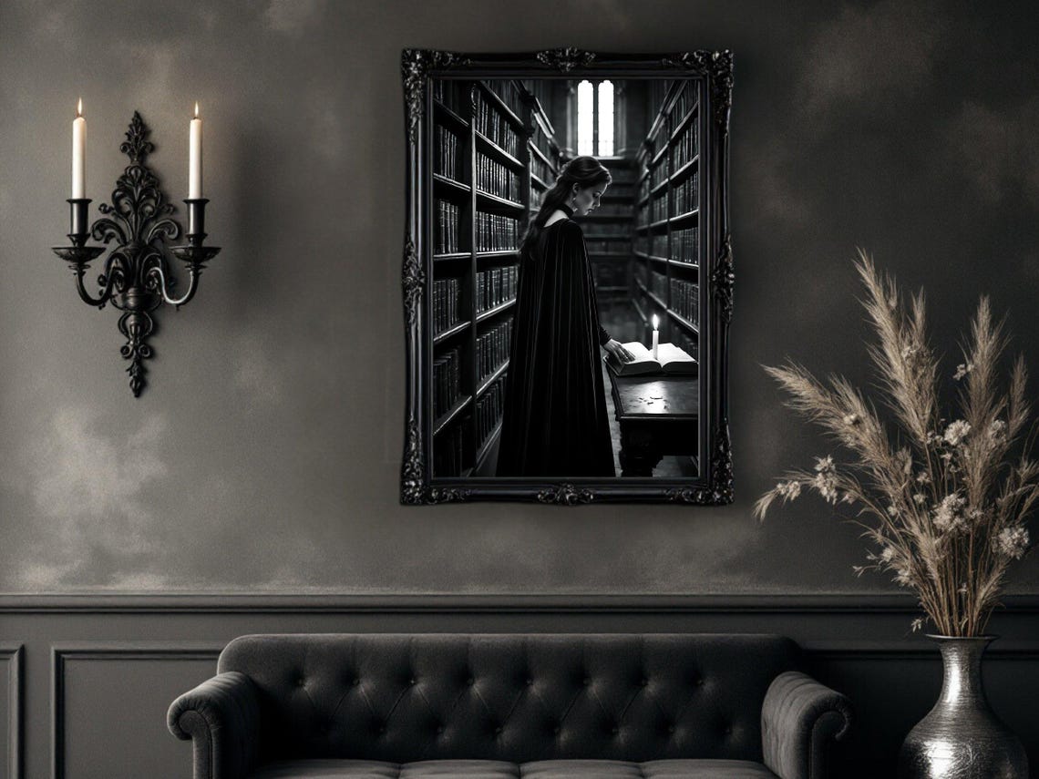 Gothic Library Wall Art Woman With Candle Print Dark Academia Decor Vintage Bookstore Poster Mysterious Reading Scene Art - Image 4