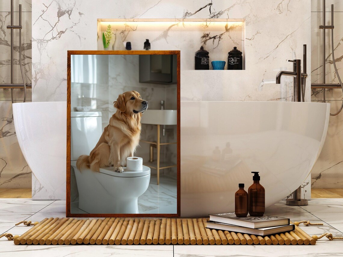 Golden Retriever Sitting on a Toilet With Toilet Paper Poster - Image 5