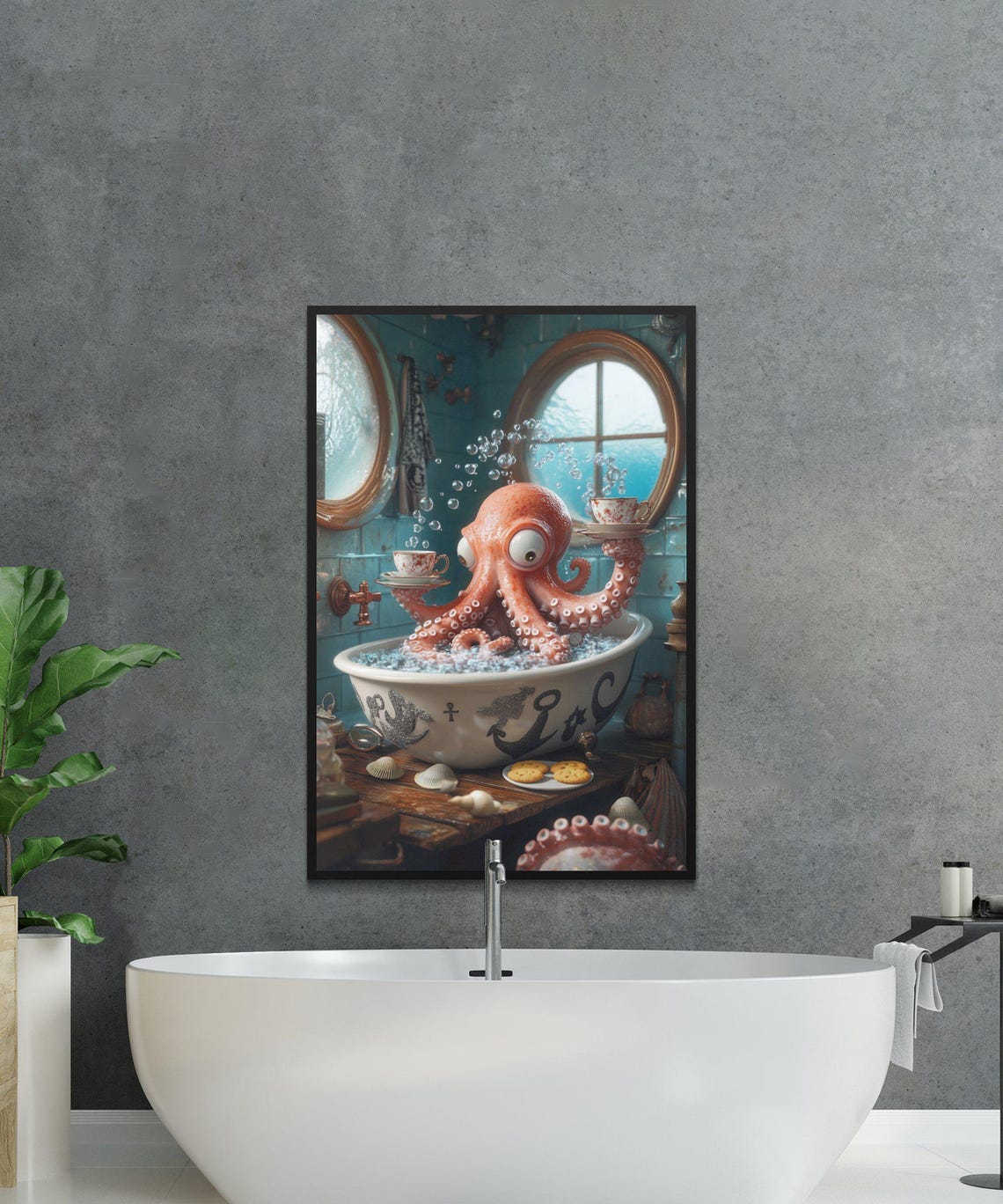 Quirky Octopus Bathroom Art Funny Bathtub Octopus Print Whimsical Underwater Wall Decor Humorous Bathroom Decor - Image 2