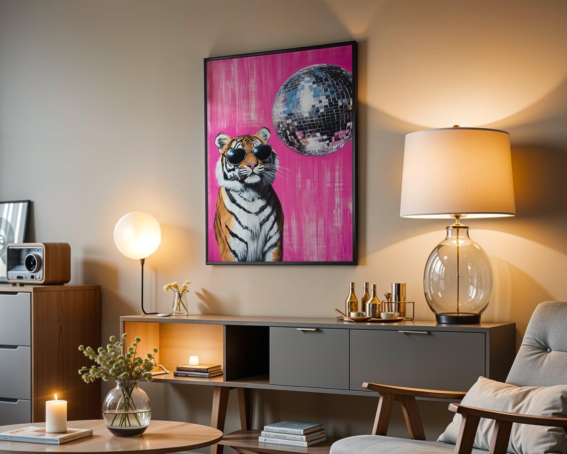 Tiger Wearing Sunglasses Under a Disco Ball Pink Party Poster - Image 4