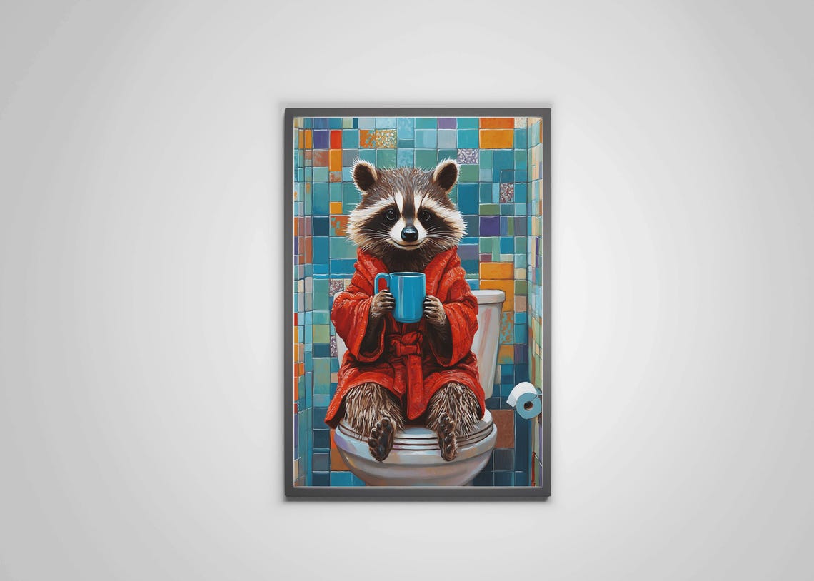 Raccoon In Red Bathrobe Drinking Coffee While Sitting On Toilet Poster - Image 4