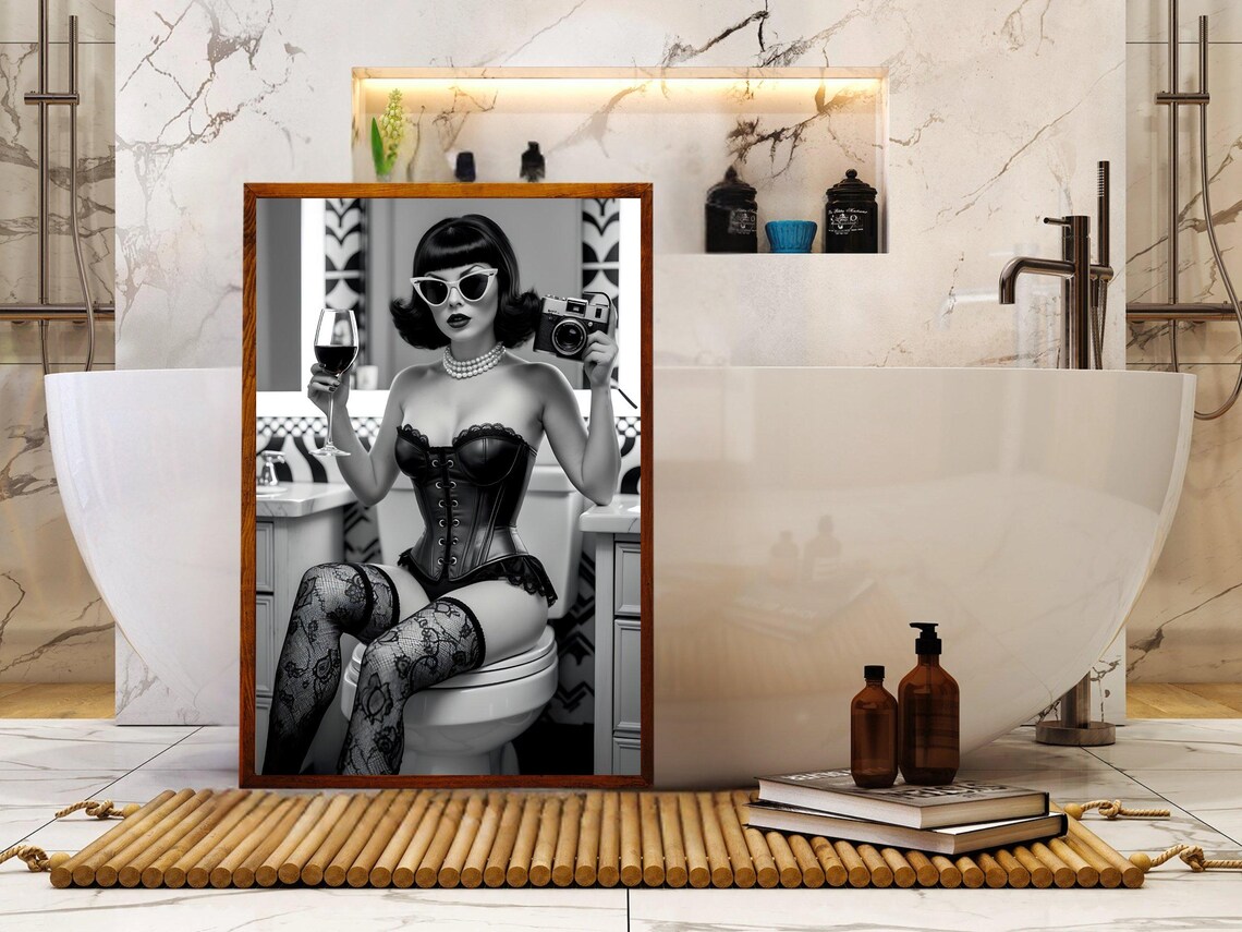 Retro Pin Up Woman With Vintage Camera And Wine Glass Poster - Image 5
