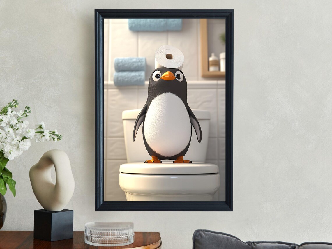 Cute Cartoon Penguin Sitting on Toilet With Toilet Paper Hat Poster - Image 2