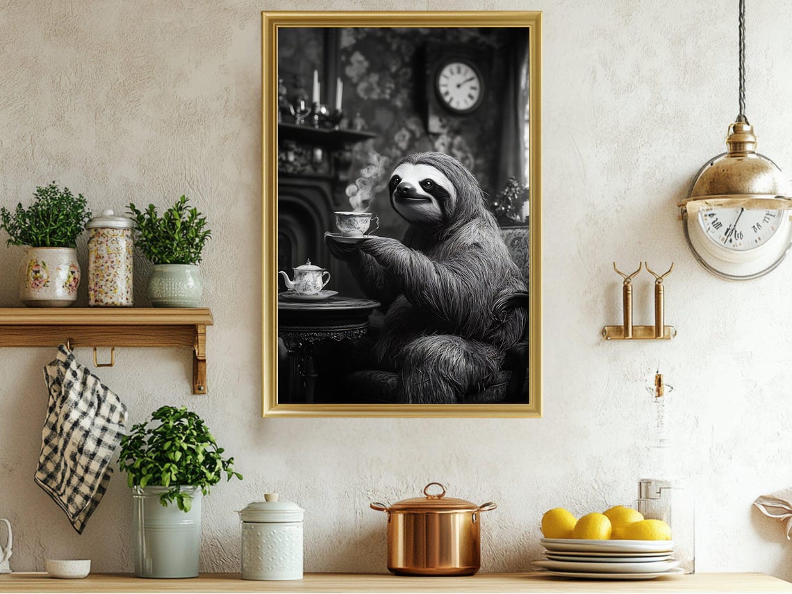 Sloth Enjoying Teatime Cute Black and White Animal Art Poster