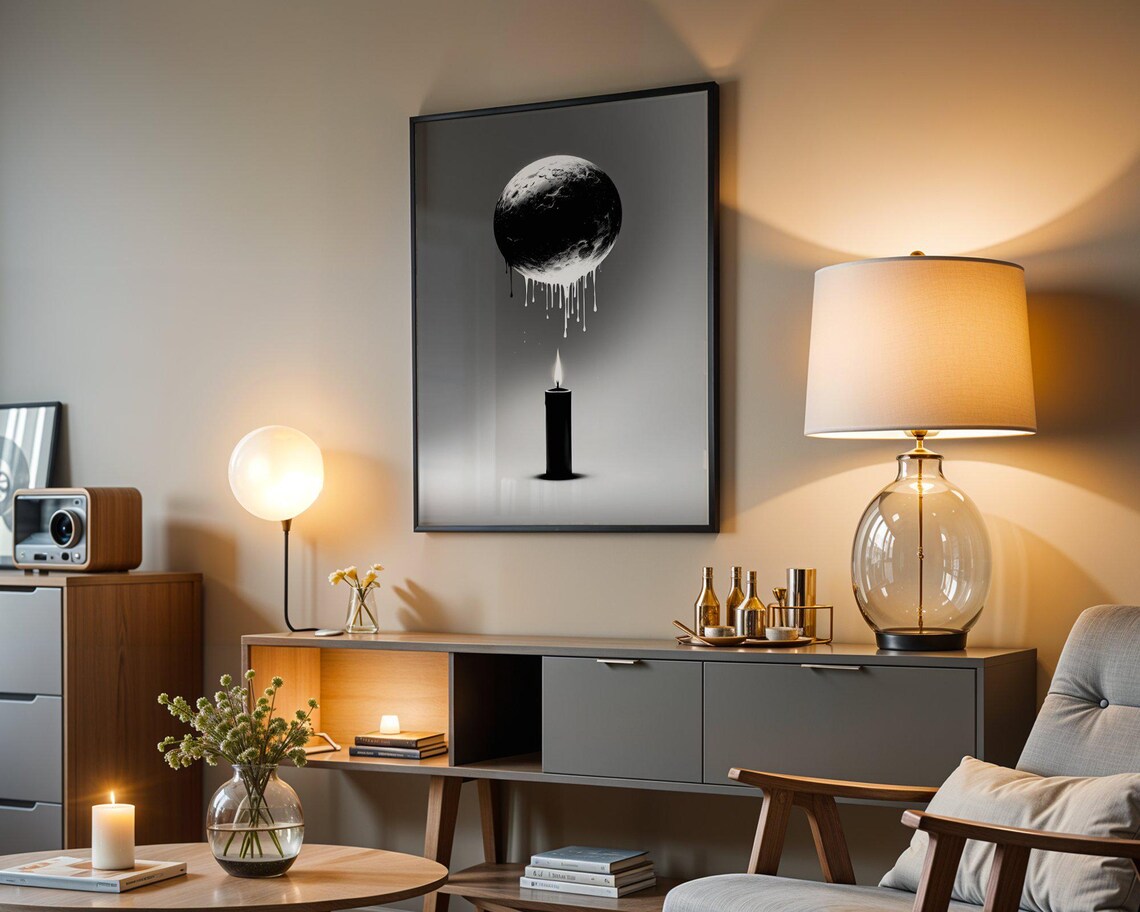 Dripping Moon Over a Single Lit Candle Black and White Minimalist Poster - Image 3