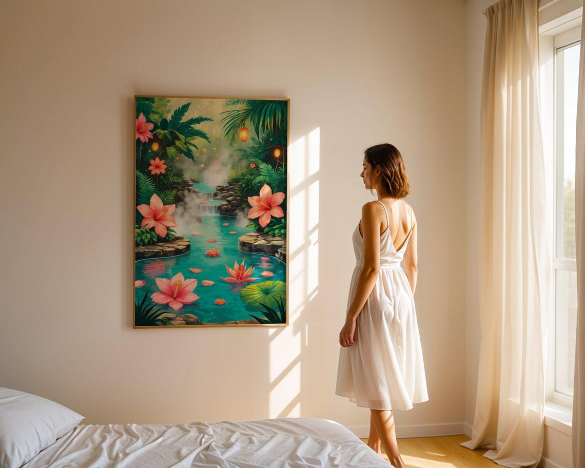 Tropical Waterfall Pool With Pink Hibiscus And Hanging Lanterns Poster - Image 4