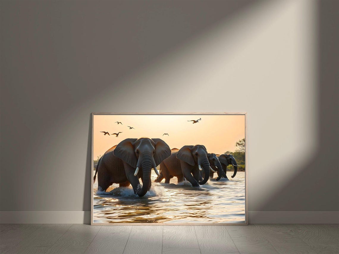 Elephants Wading Through a River at Golden Sunset with Birds Poster - Image 5