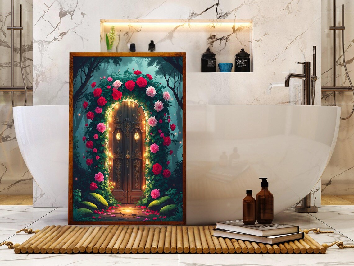 Enchanted Wooden Door Wrapped In Red And Pink Roses At Night Poster - Image 5