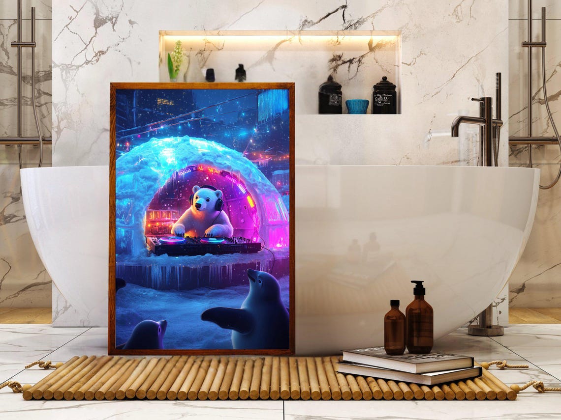 Polar Bear DJ in a Neon Igloo Club With Dancing Penguin Poster - Image 5