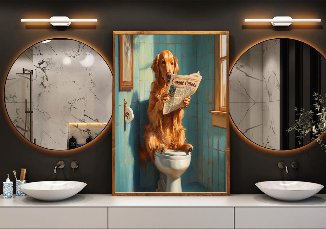 Golden Retriever Reading Canane Commer Newspaper On A Toilet Poster - Image 3