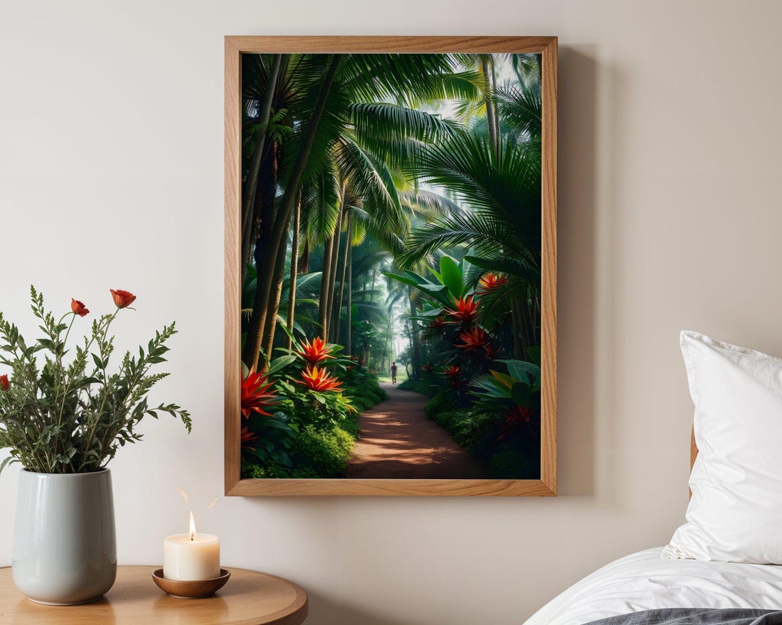 Lush Tropical Jungle Path Lined With Red Flowers and Palms Poster