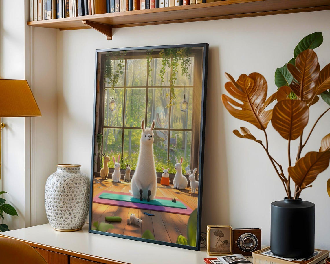 Llama Leading a Yoga Class With Bunnies in a Sunny Studio Poster - Image 4