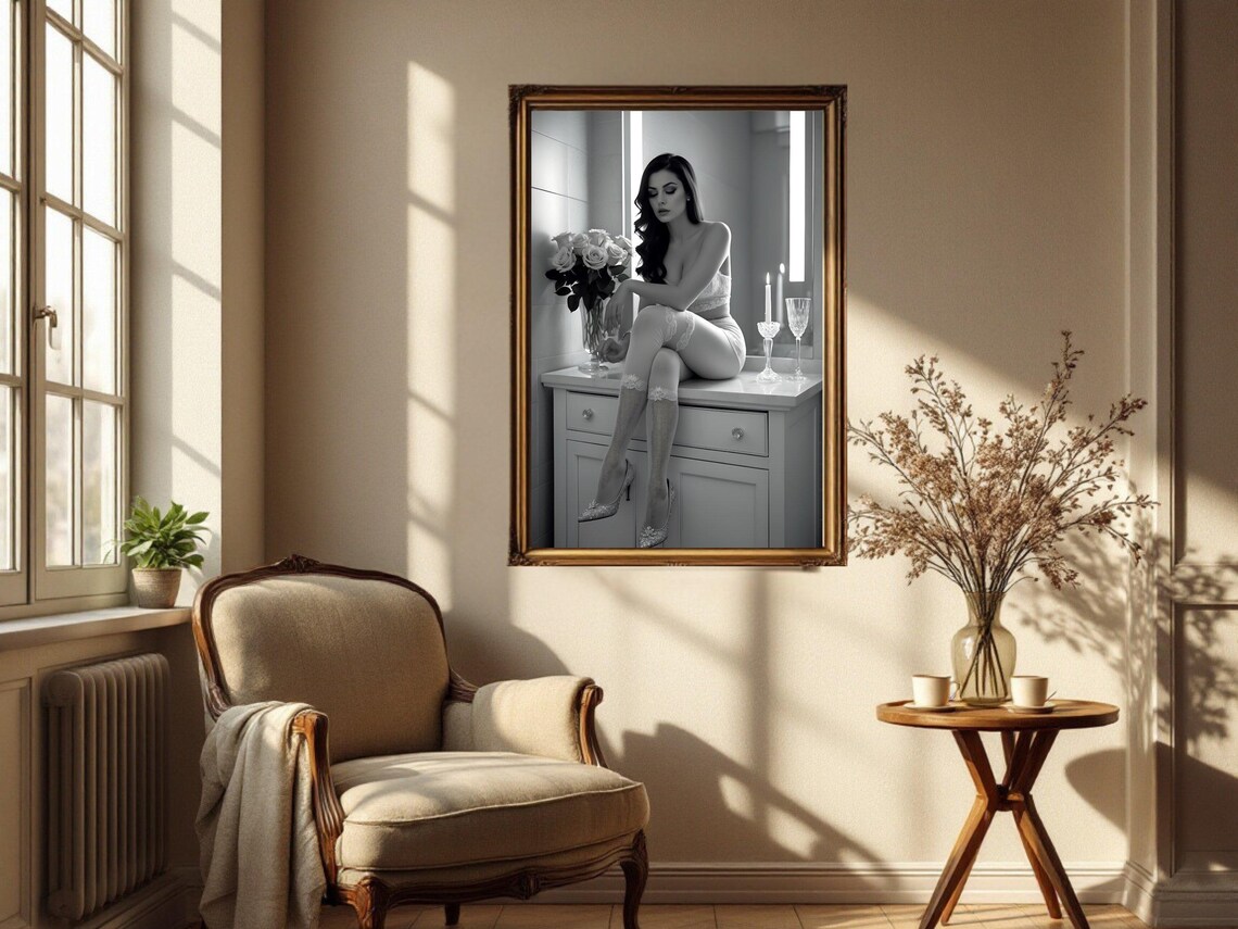 Woman in Lace Lingerie Sitting on a Bathroom Vanity at Night Poster - Image 2