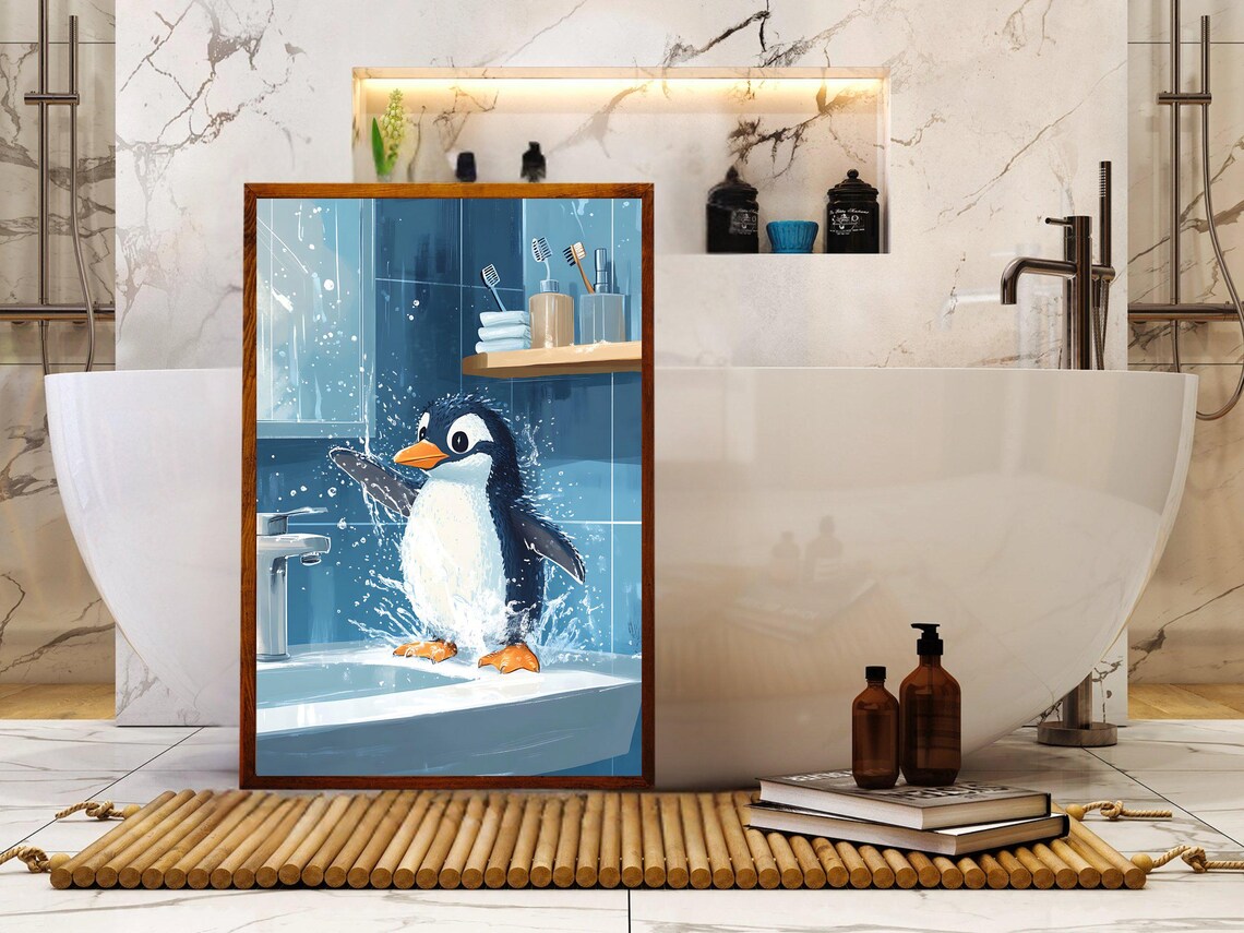 Playful Penguin Splashing Water Across the Bathroom Sink Poster - Image 5