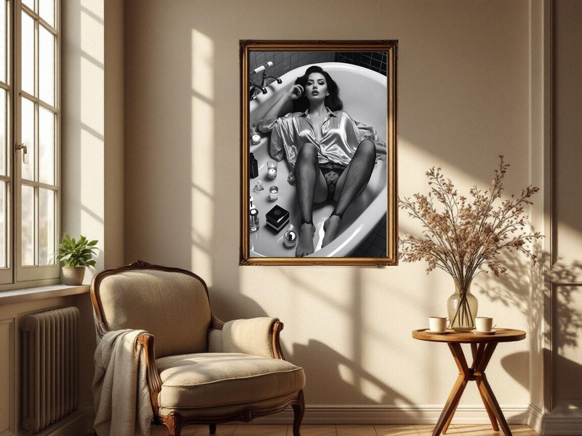 Woman in a Satin Shirt Reclining in a Bathtub With Candles Poster - Image 2