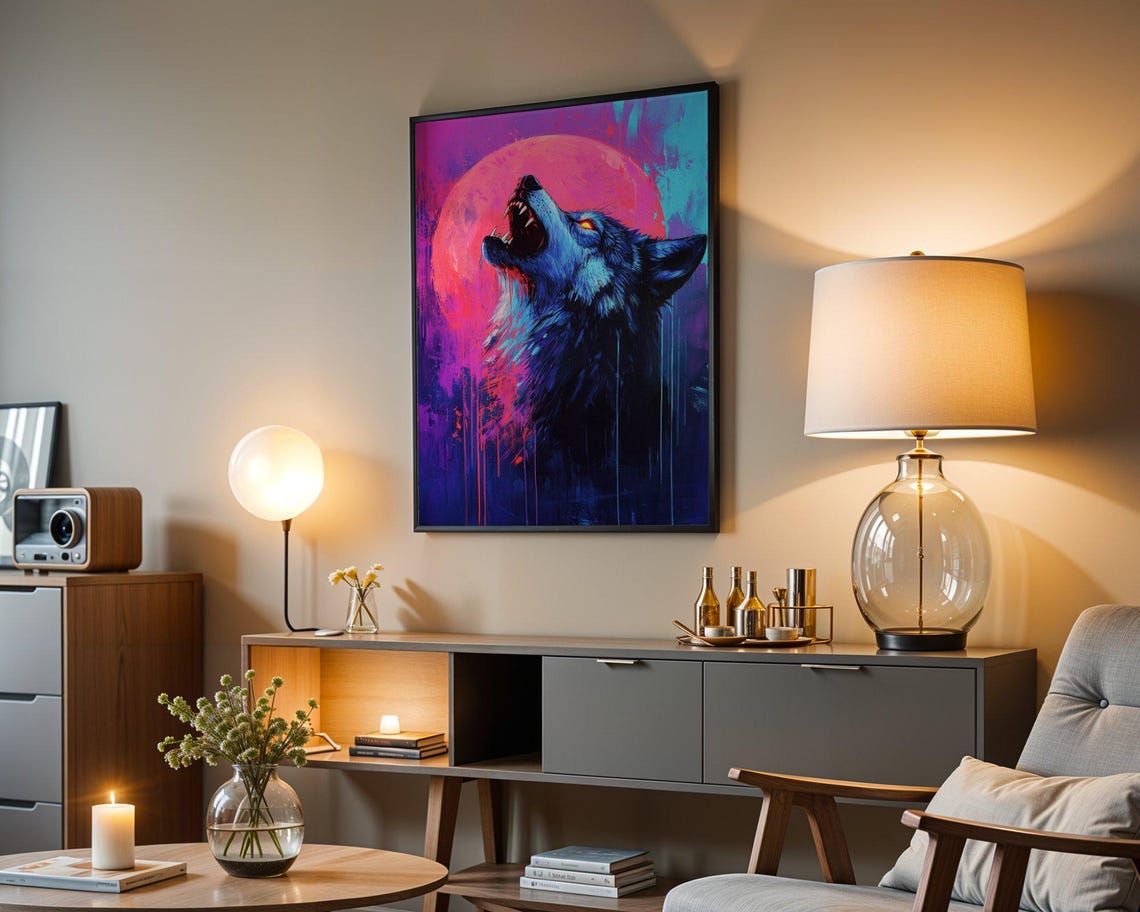 Howling Wolf Under Giant Pink Moon Neon Night Sky Art Poster - Image 3