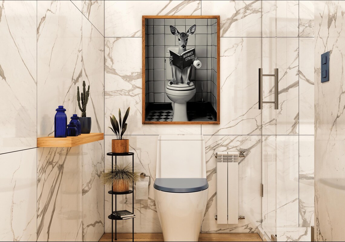 Deer Reading a Book on the Toilet with Toilet Paper Funny Poster - Image 4