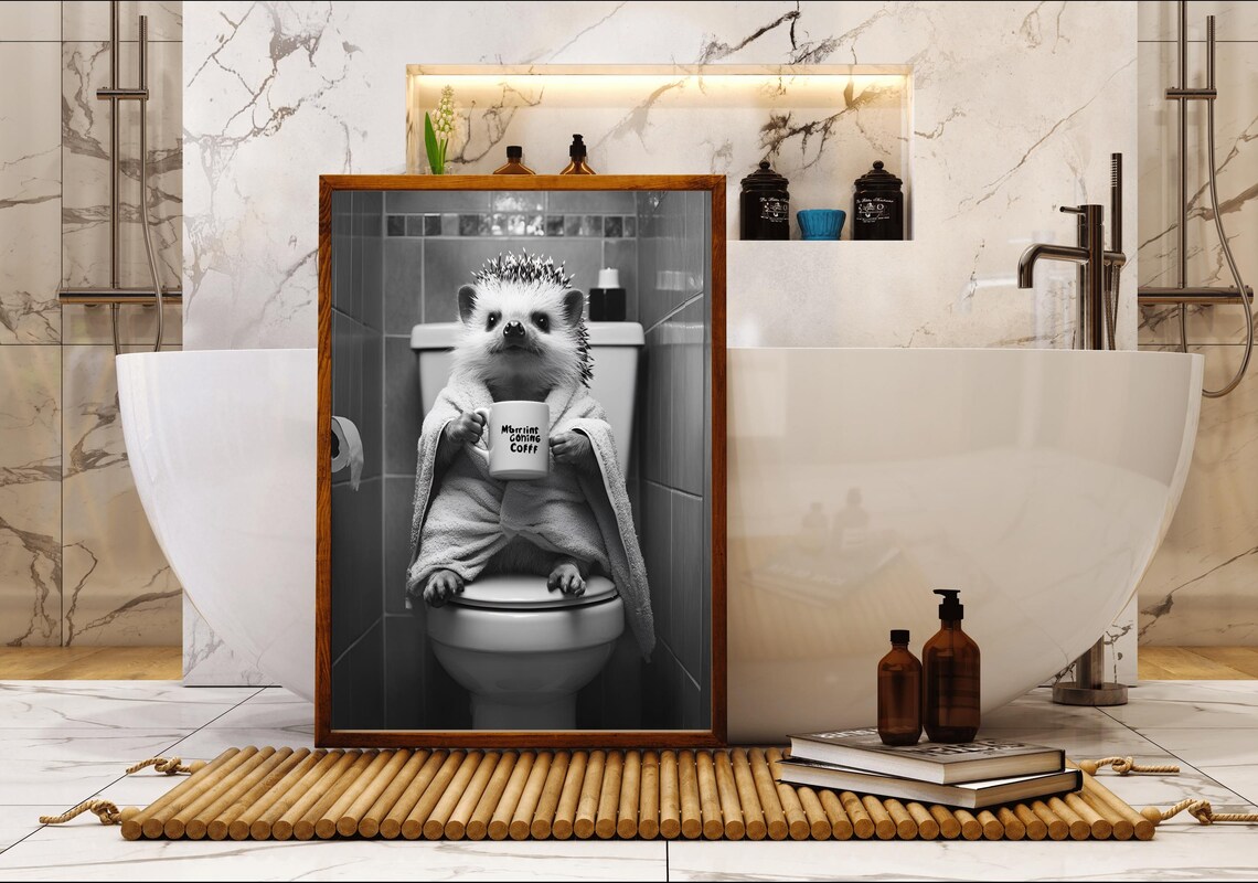 Hedgehog Drinking Coffee on the Toilet Funny Monochrome Bathroom Poster - Image 5