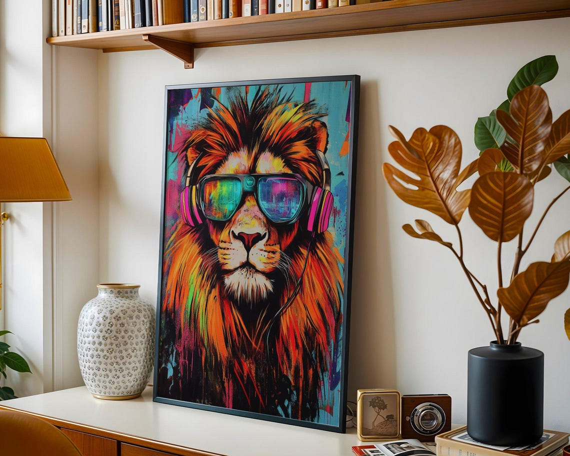 Colorful Pop Art Lion With Headphones And Reflective Sunglasses Poster - Image 2