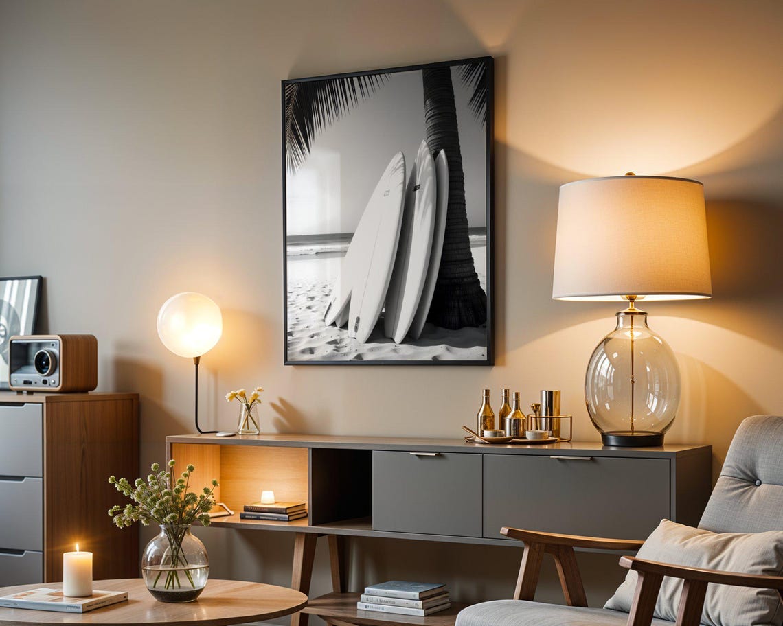 Black and White Surfboards Leaning on Palm Tree Beach Photo Poster - Image 5