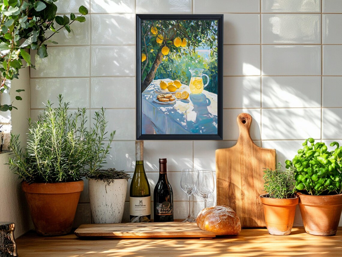 Lemon Tree Sunlit Table Art Still Life Lemons Painting Yellow Citrus Fruit Decor Kitchen Wall Art Fresh Lemonade Painting - Image 5