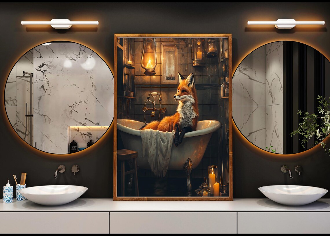 Fox Relaxing In Lantern Lit Vintage Bathtub Animal Art Poster - Image 4