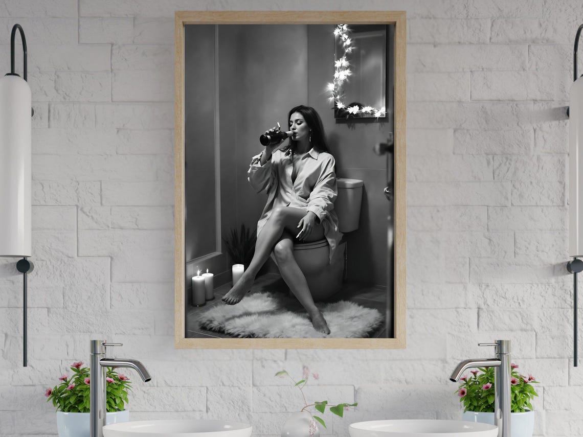 Woman Drinking From A Bottle In A Cozy Candlelit Bathroom Poster