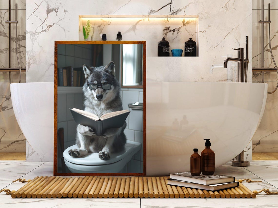 Wolf Wearing Glasses Reading a Book While Sitting on the Toilet Poster - Image 5