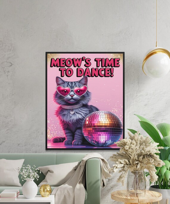 Disco Cat In Heart Sunglasses Meows Time To Dance Pink Party Poster