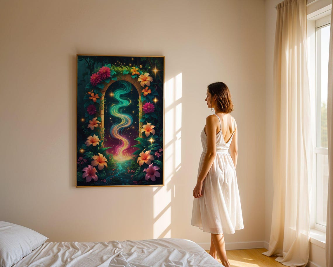 Magical Floral Archway Rainbow Light Hibiscus Night Art Print - Image 4